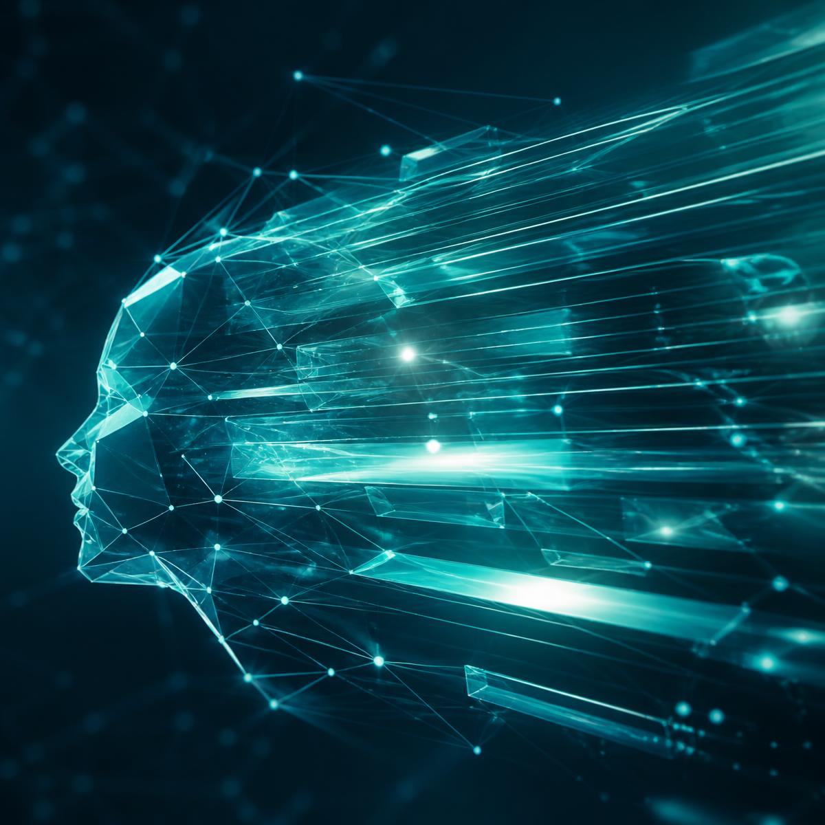 Fluxos luminosos de dados representando inteligência artificial, velocidade e evolução